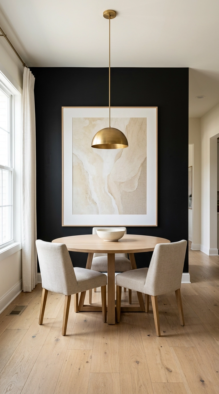 Oversized pale abstract art with a wide white mat on a black dining room accent wall