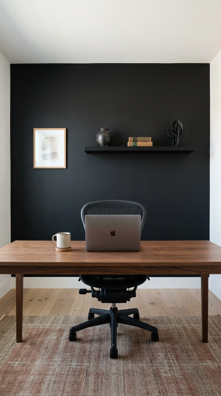 Black accent wall behind a desk chair as a video call backdrop in a home office