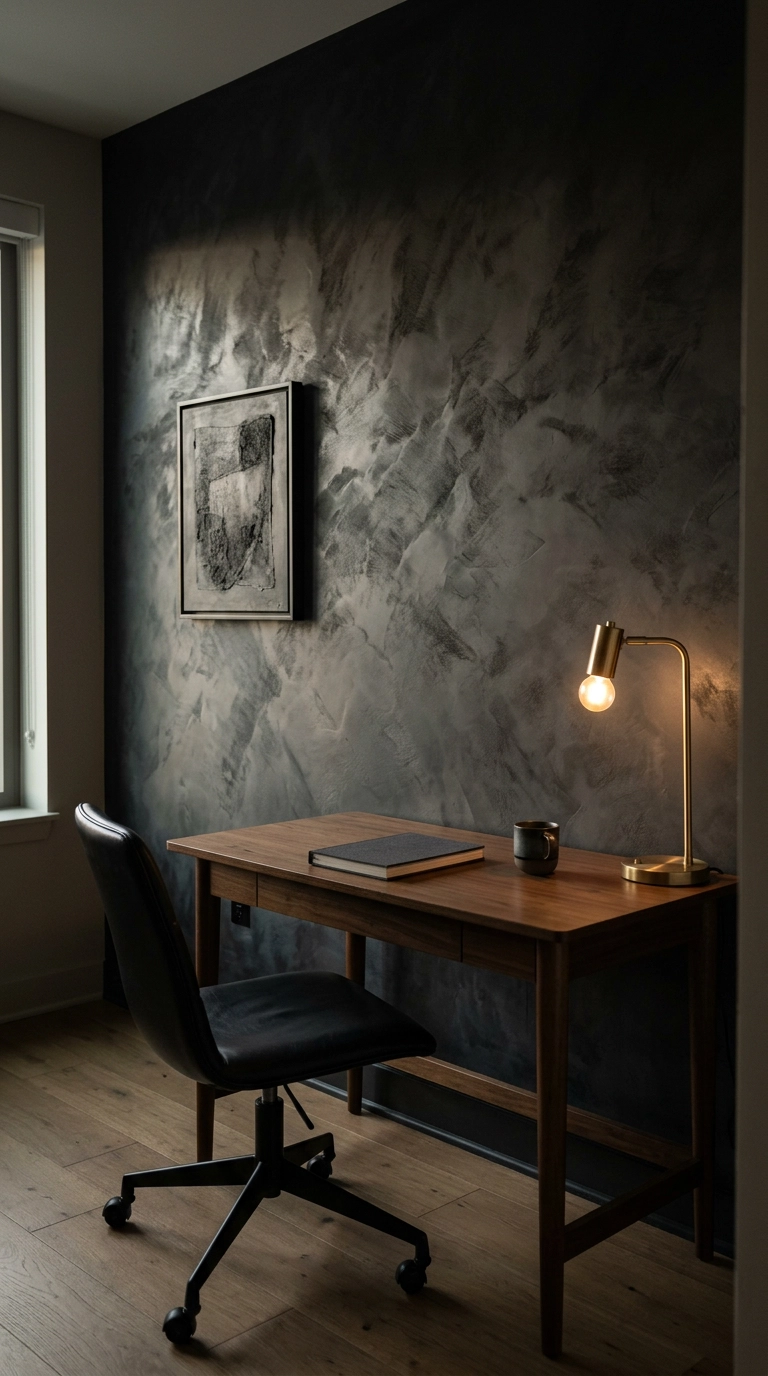 Black limewash accent wall with mottled plaster texture in a moody home office