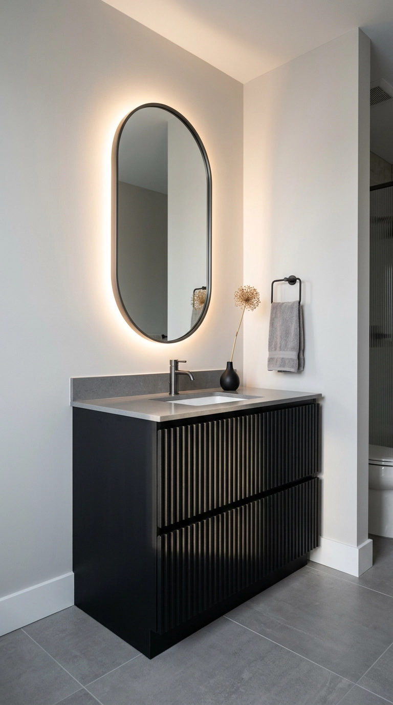 Black fluted vanity with grey quartz counter and backlit mirror in a grey bathroom