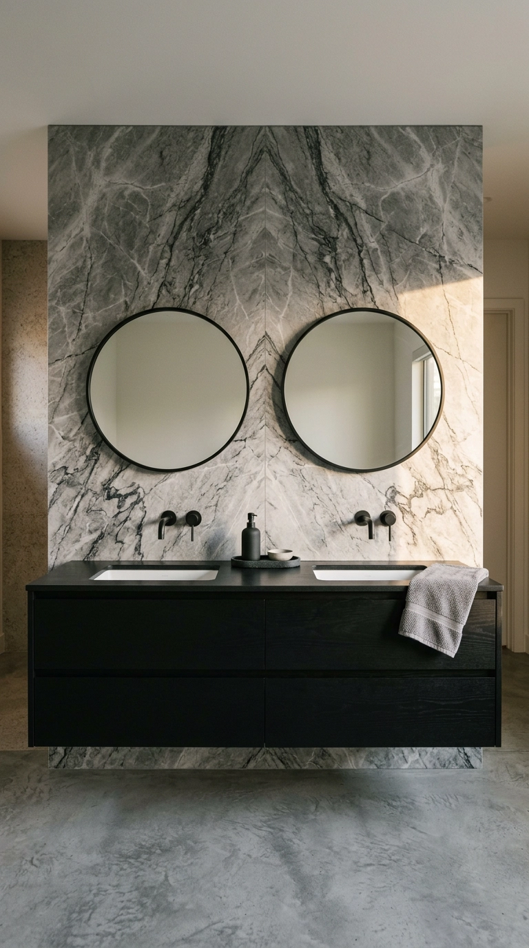 Grey marble slab backsplash behind a black oak double vanity with black faucets