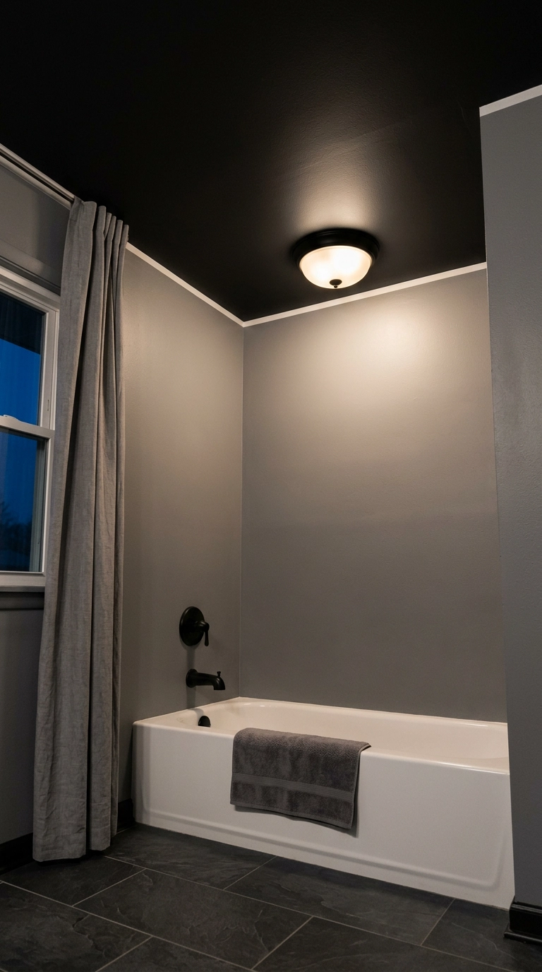 Black painted bathroom ceiling above grey walls with a black dome light fixture