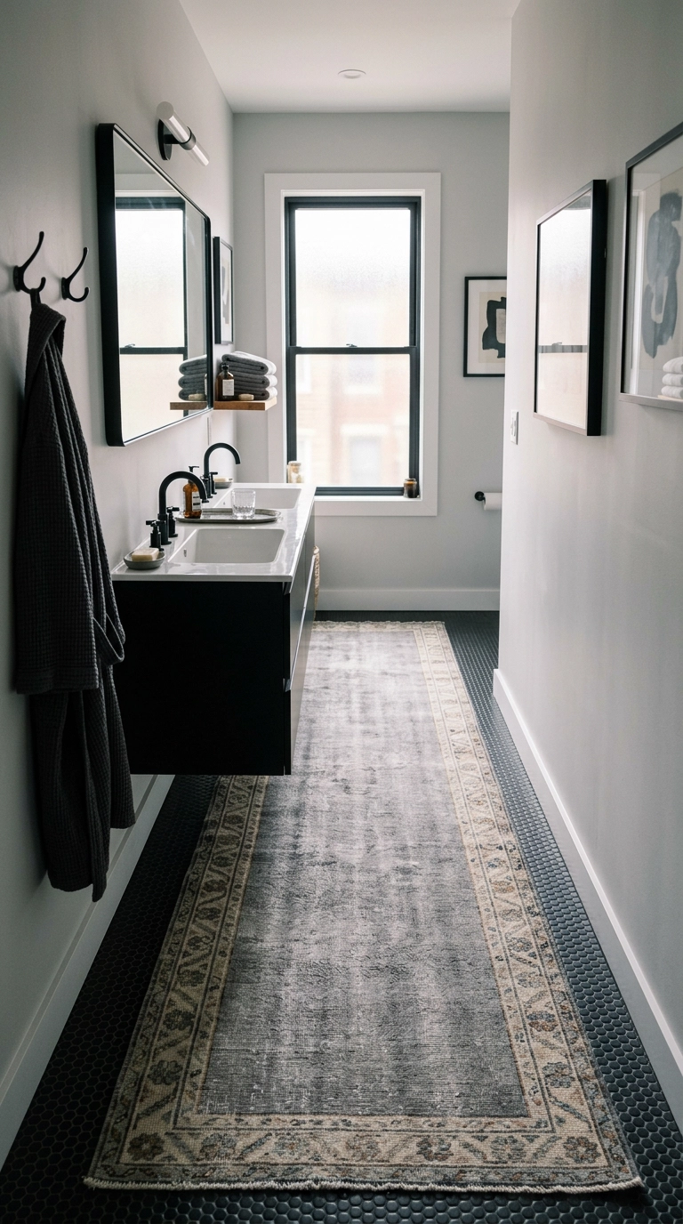 Faded grey vintage runner rug over black penny tile in a narrow black bathroom