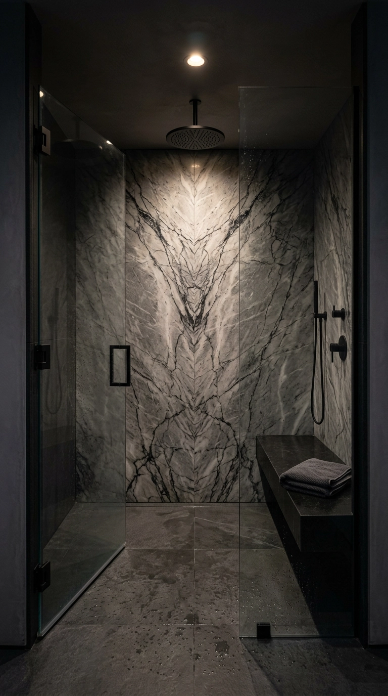 Bookmatched grey marble shower wall with black veining and black rain shower head