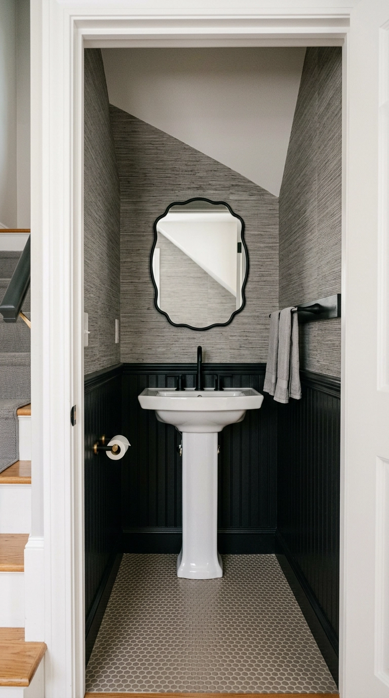 Grey grasscloth wallpaper above black beadboard paneling in a small half bathroom