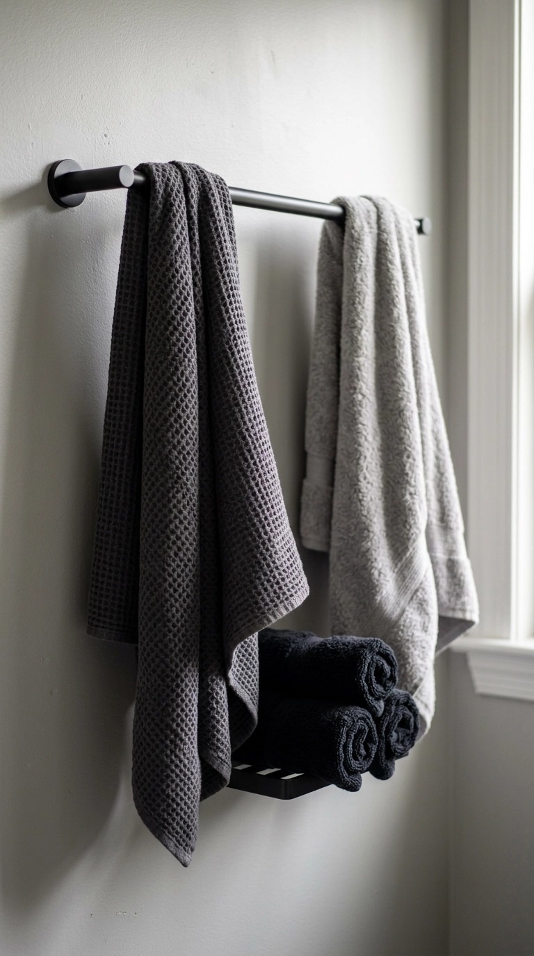 Charcoal waffle and heather grey towels on a matte black double towel bar
