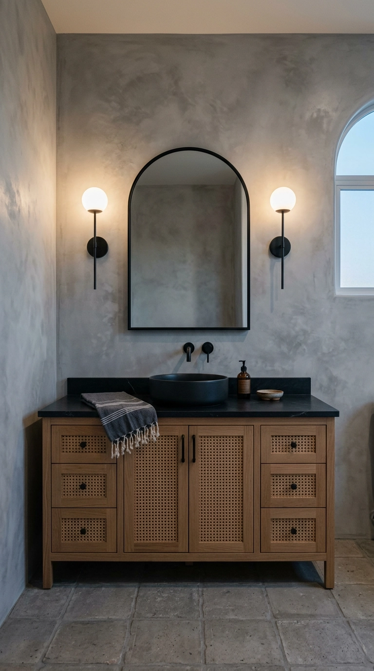 Grey limewash plaster bathroom walls with two black sconces and arched mirror