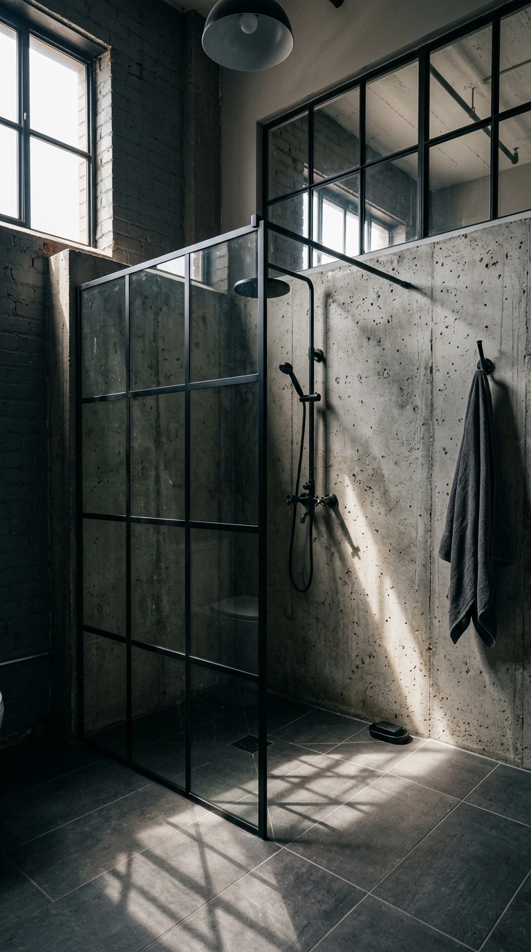 Black metal grid shower screen with grey concrete wall in an industrial bathroom
