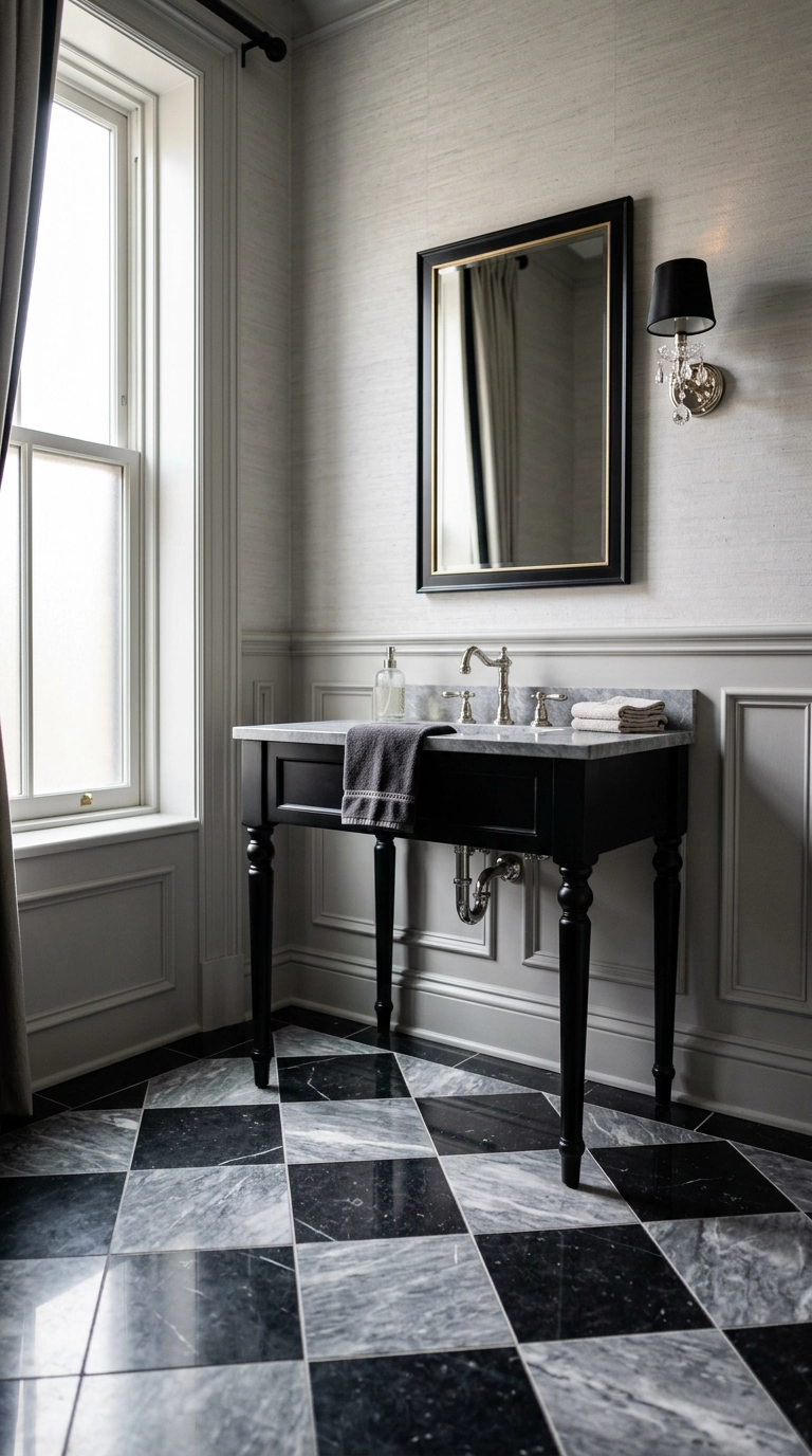 Black and grey marble checkerboard bathroom floor with a black console vanity