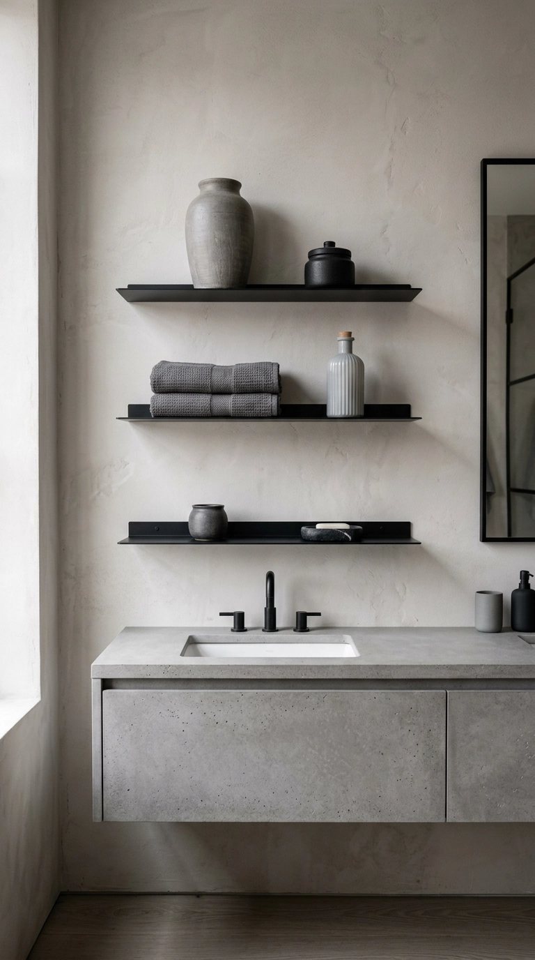 Black steel open shelves styled with grey towels and stoneware in a bathroom