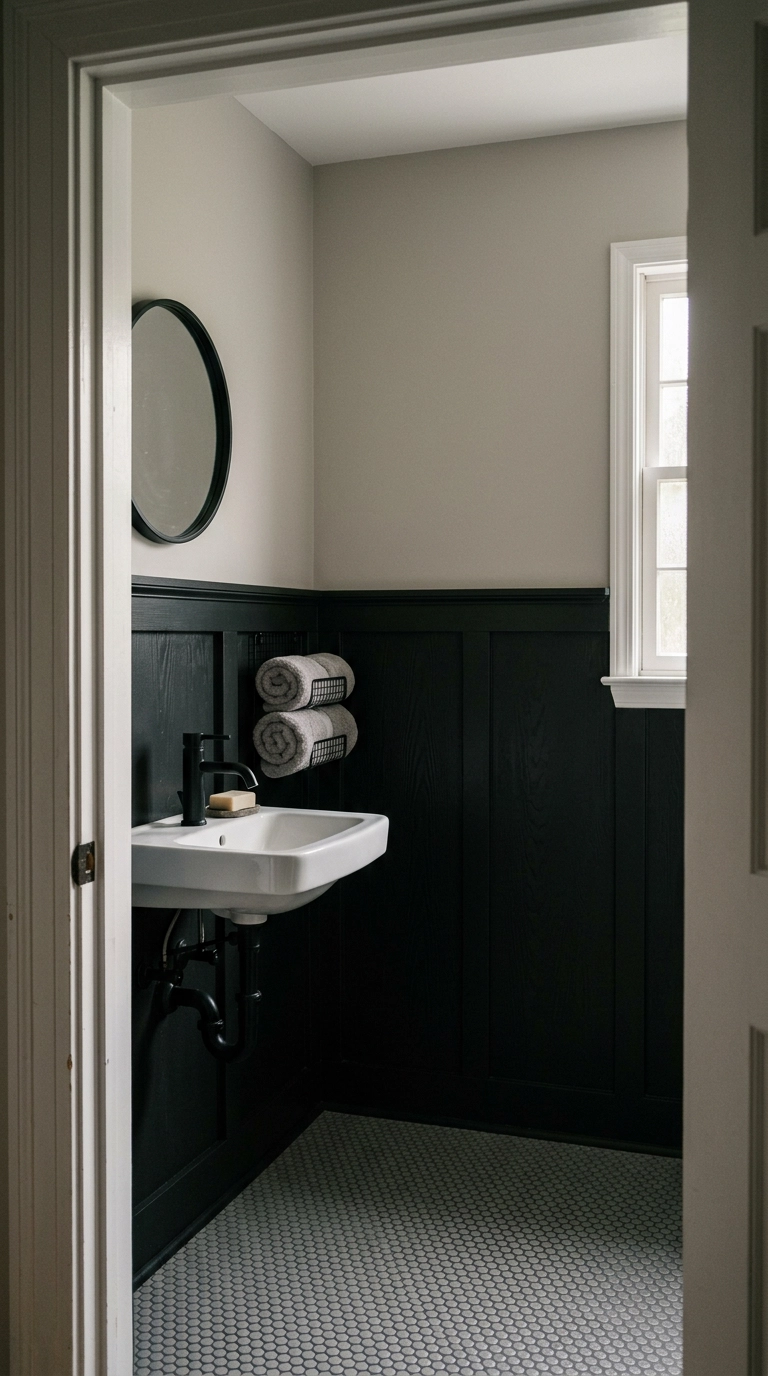 Black board and batten wall molding under grey paint in a small guest bathroom