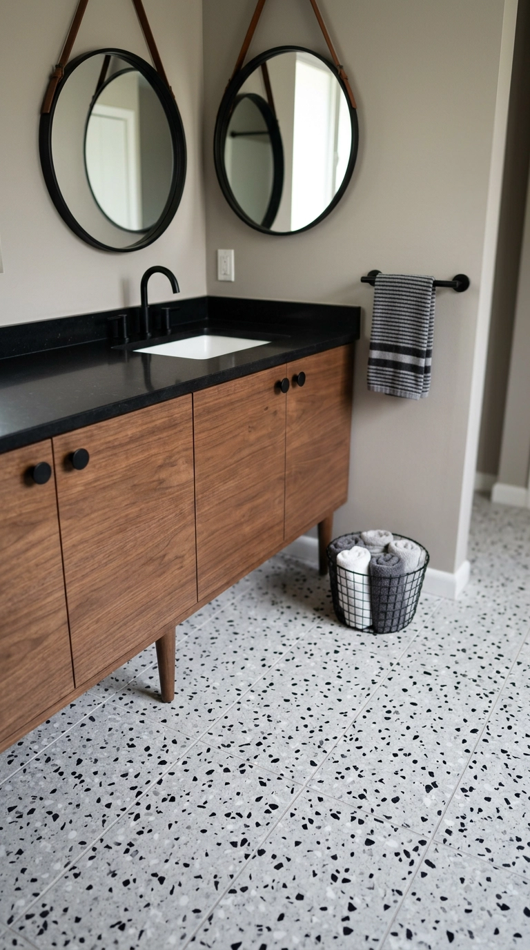 Grey terrazzo floor with black chips and a walnut vanity in a bright bathroom