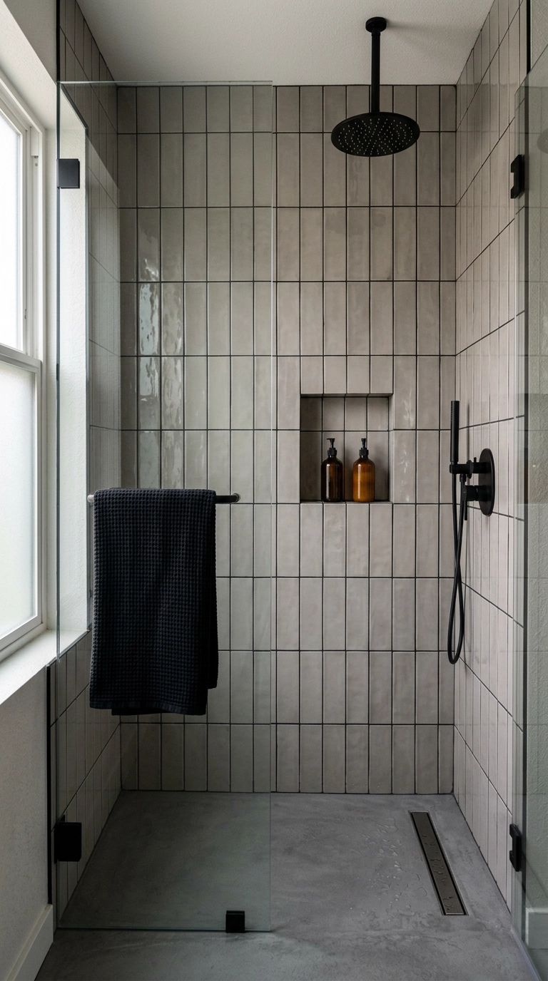 Grey vertical stacked subway tile shower with black grout and black shower head