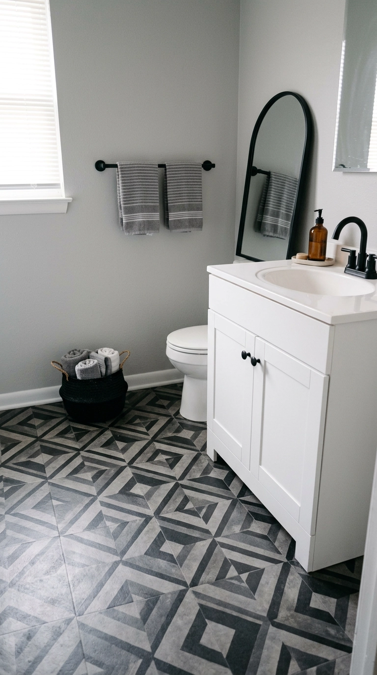 Black and grey cement look peel and stick floor tile in a small rental bathroom
