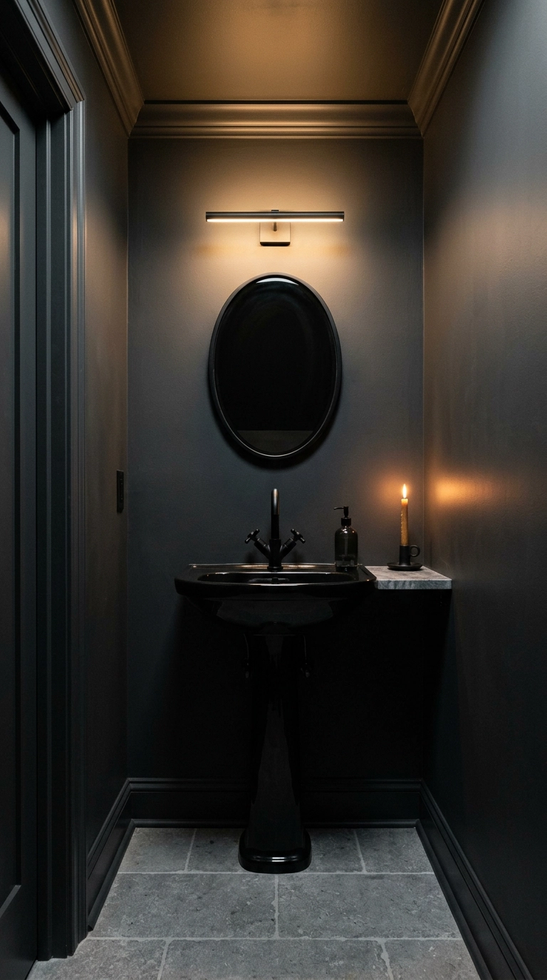 Charcoal grey color drenched powder room with black pedestal sink and picture light