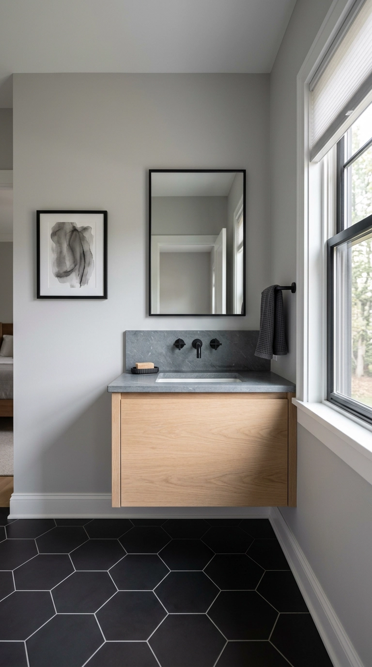 Black hexagon tile floor with pale grey grout in a grey bathroom with oak vanity