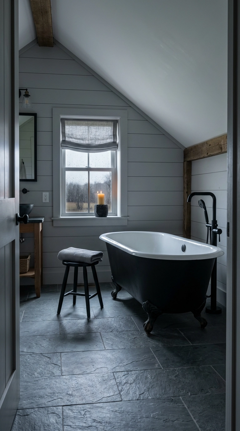 Black clawfoot tub on grey slate floor in a farmhouse bathroom with grey shiplap