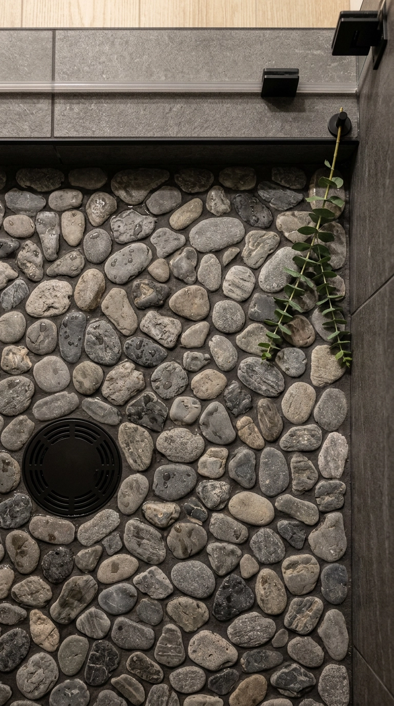 Grey river pebble shower floor with a matte black drain and dark grey wall tile