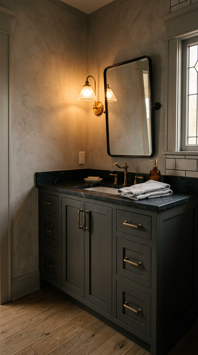Charcoal grey vanity with brass pulls and black granite top in a grey bathroom
