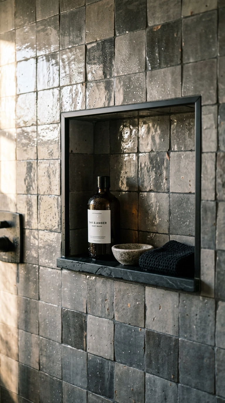 Grey zellige tile shower wall with a black trimmed recessed niche and slate shelf
