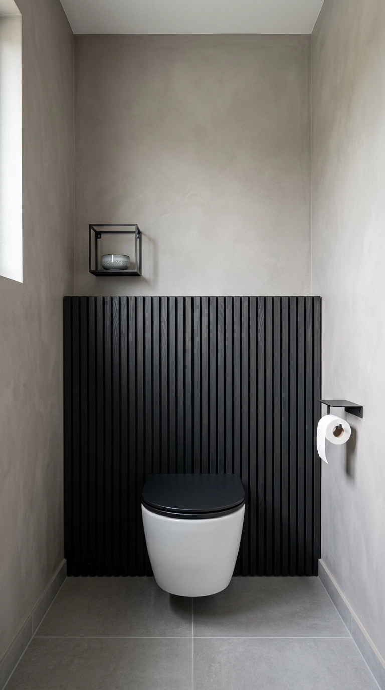 Black wood slat accent wall behind a wall hung toilet in a grey bathroom