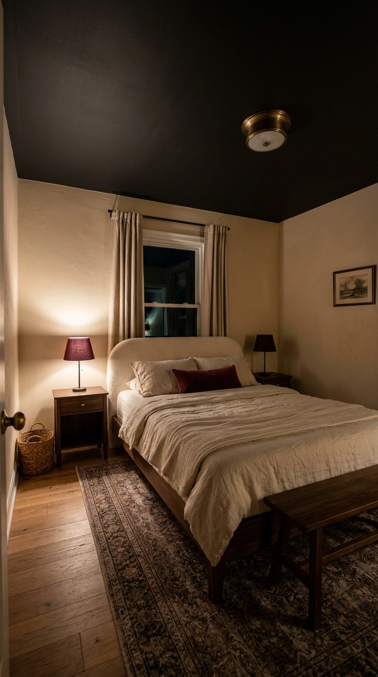Bedroom with a matte black painted ceiling and warm burgundy lamp glow over a walnut bed