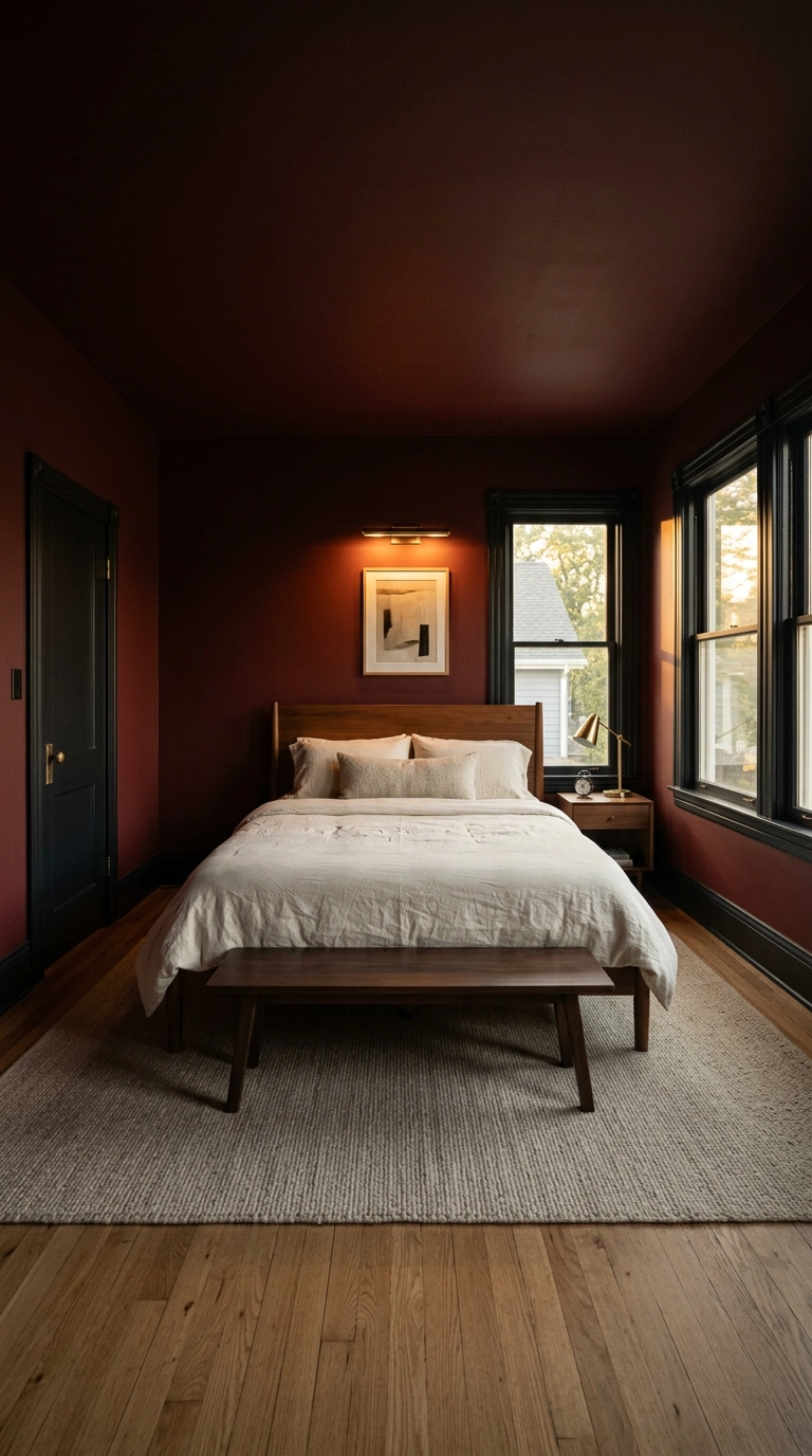 Oxblood color-drenched bedroom with black trim, walnut bed and cream linen bedding