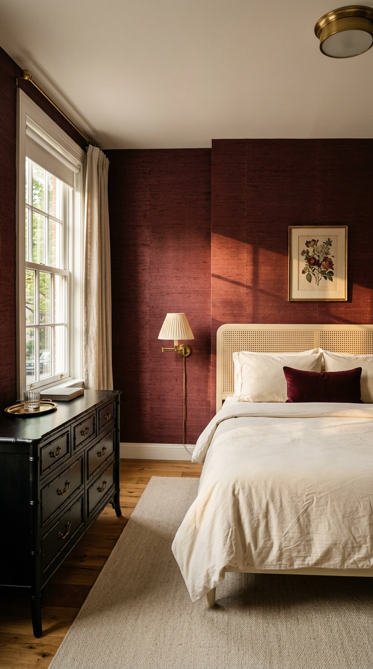 Burgundy grasscloth wallpaper bedroom with a black faux bamboo dresser and cane headboard