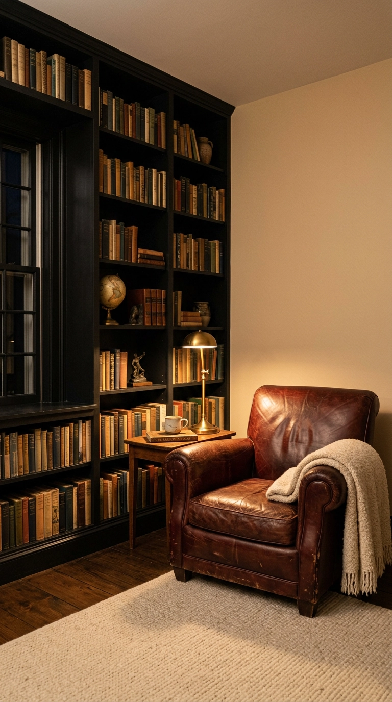 Black built-in bookshelves with an aged oxblood leather reading chair and brass lamp