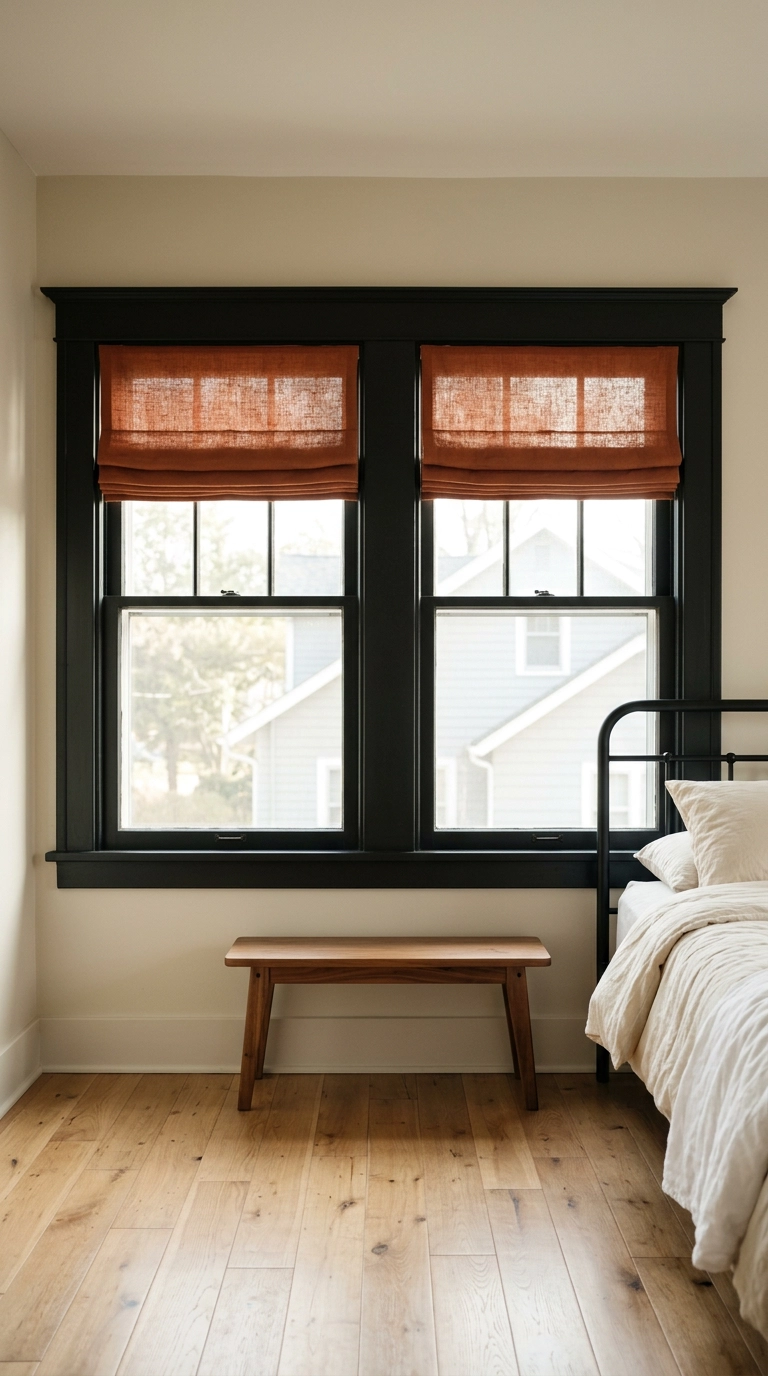Black painted window trim with rust linen roman shades in a warm greige bedroom