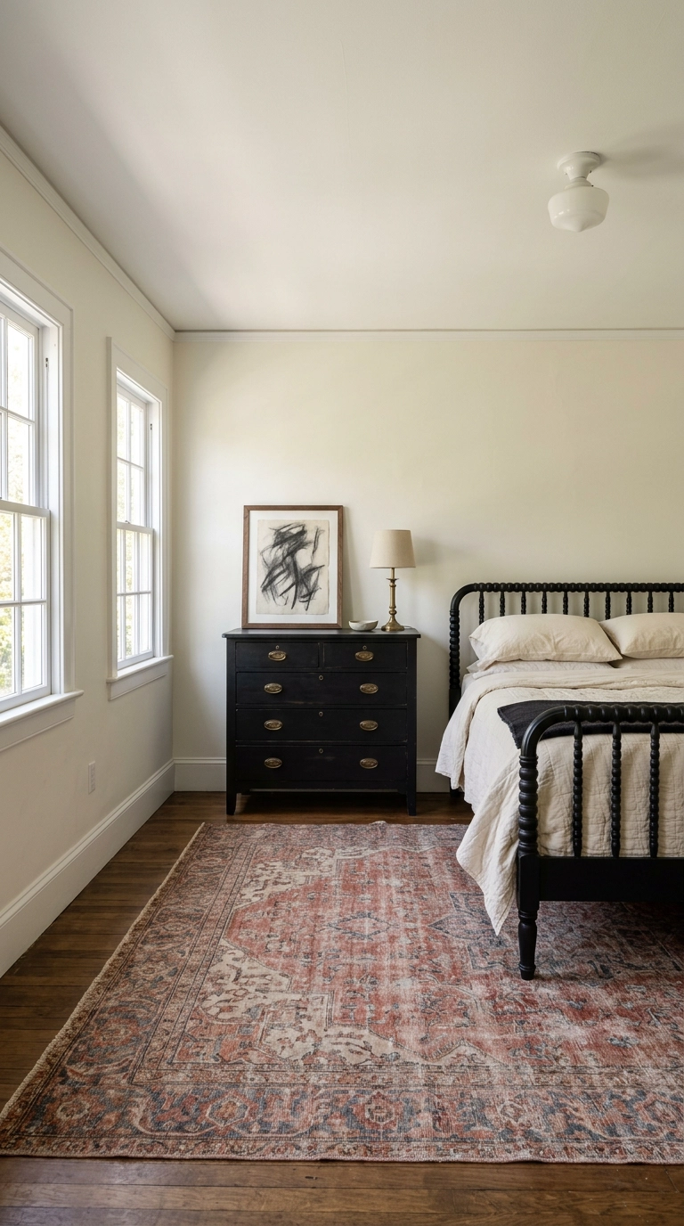 Cream bedroom with black spindle bed, black dresser and a faded red vintage Persian rug