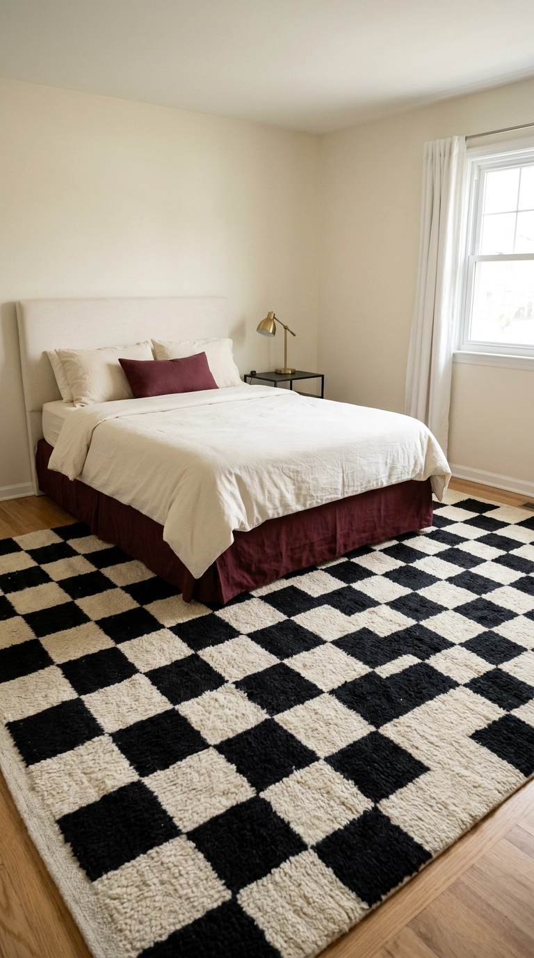Black and cream checkerboard rug under a cream bed with a burgundy linen bed skirt