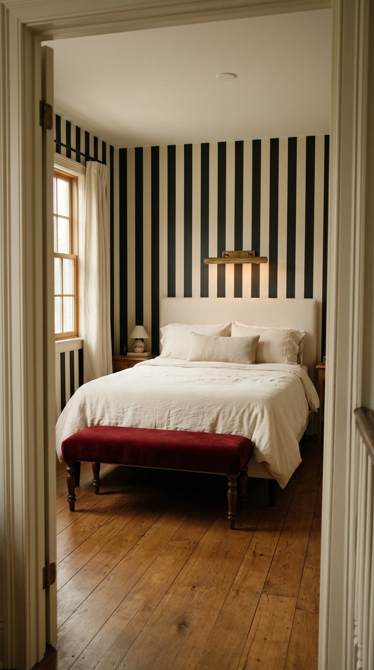Black and cream striped wallpaper bedroom with a deep red velvet bench at the foot of the bed