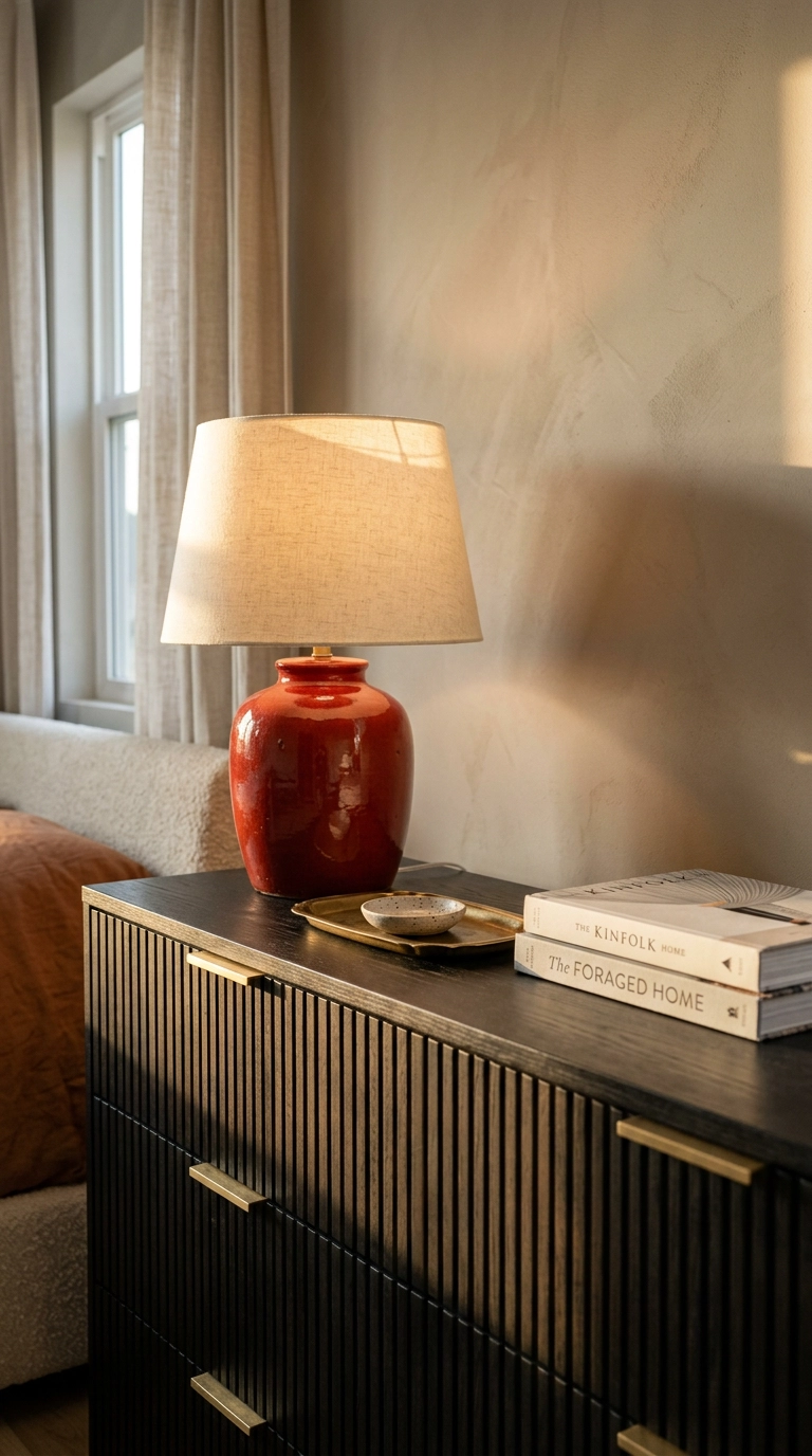 Black fluted wood dresser styled with a brick red ceramic lamp and small brass tray