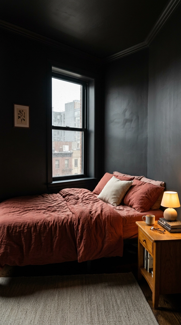 Small charcoal color-drenched bedroom with brick red bedding and warm oak nightstand