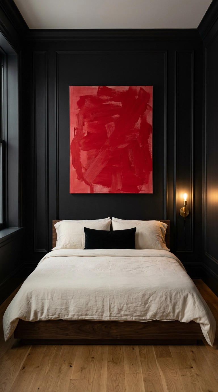 Black picture-frame molding bedroom wall with a cherry red abstract canvas and brass sconce