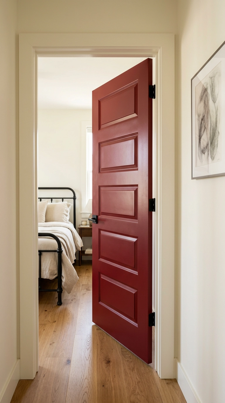 Cherry red painted bedroom door with matte black lever hardware and cream trim