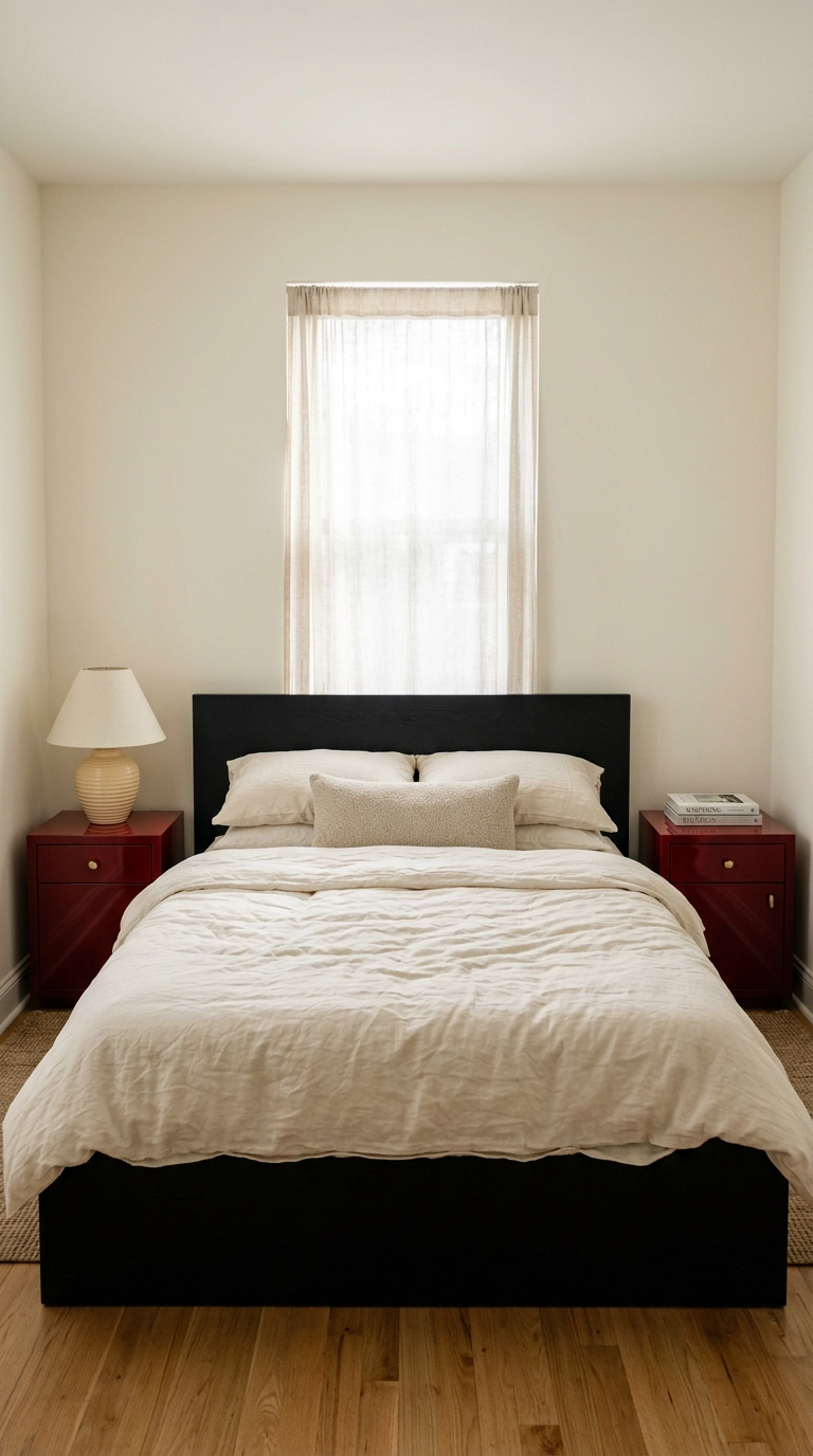 Cherry red lacquered nightstands with brass pulls flanking a low black platform bed