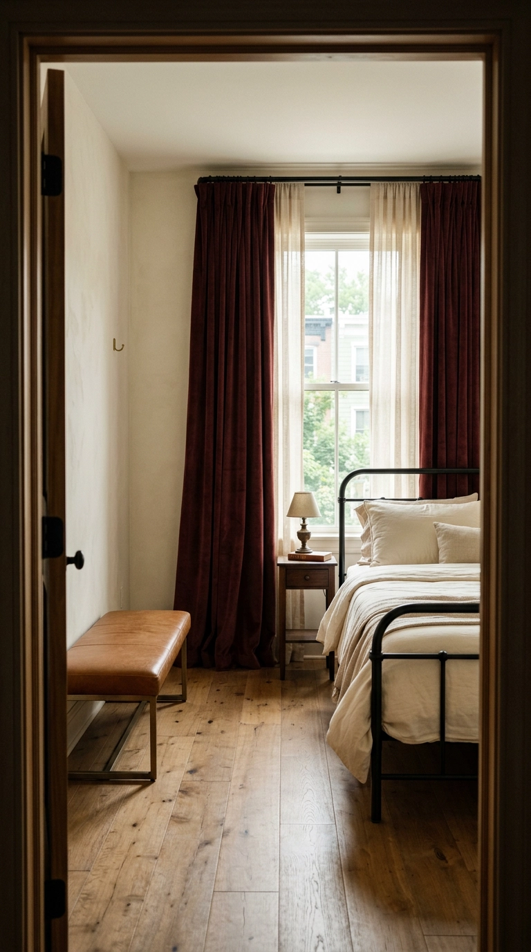 Burgundy velvet curtains on a black rod hung near the ceiling in a cream bedroom