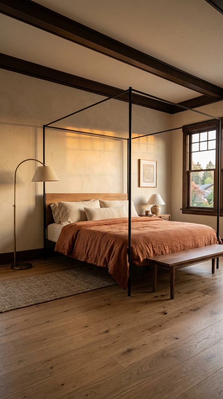 Black iron four-poster bed with terracotta linen bedding in a warm oatmeal bedroom