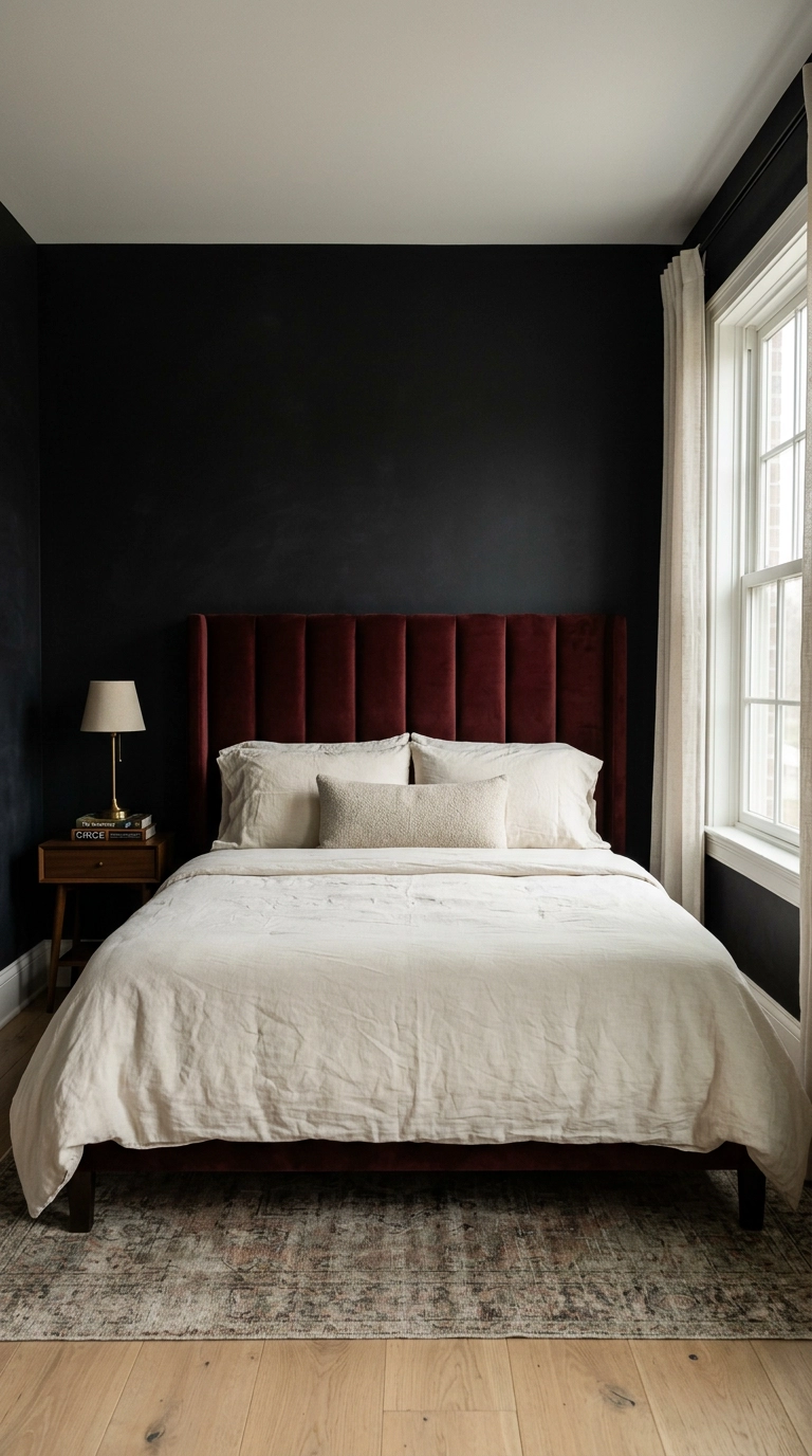 Black and red bedroom with an oxblood velvet headboard against matte black walls and cream bedding