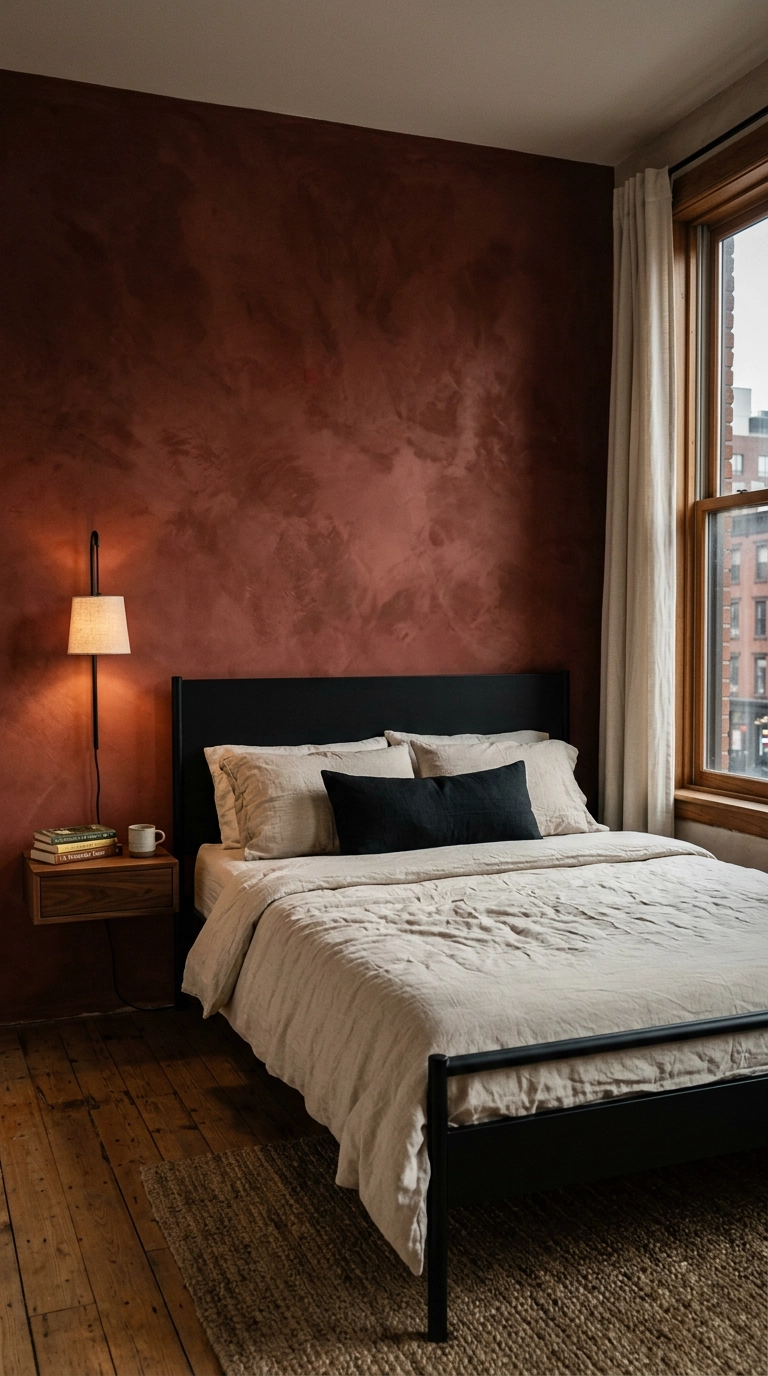 Brick red limewash plaster accent wall with a black metal bed and cream linen bedding