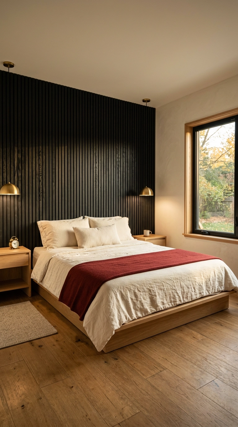 Black vertical slat wood accent wall behind an oak bed with an oxblood wool blanket