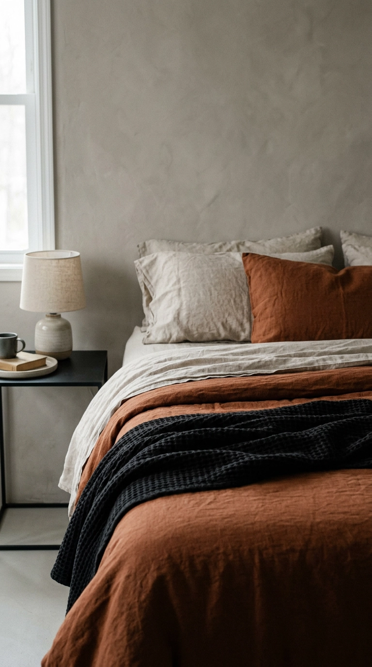 Layered rust linen duvet with black waffle throw and oatmeal sheets on a bed corner