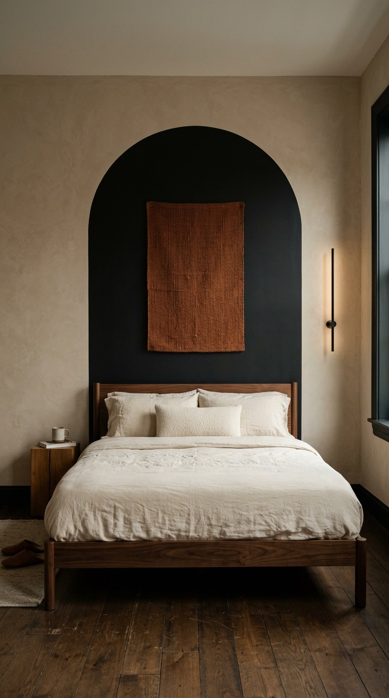 Painted black arch behind a walnut bed with a rust woven wool textile hanging inside
