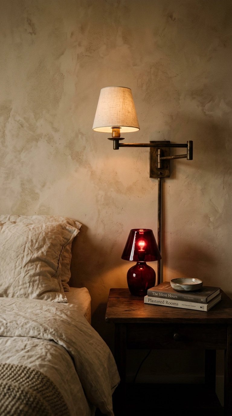 Ruby red glass bedside lamp glowing beside a brass swing arm sconce on a plaster wall