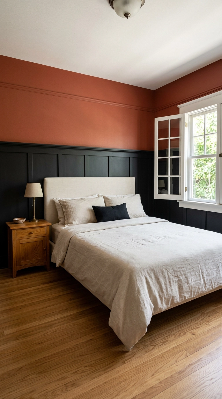 Bedroom with black board and batten lower wall molding and warm terracotta paint above