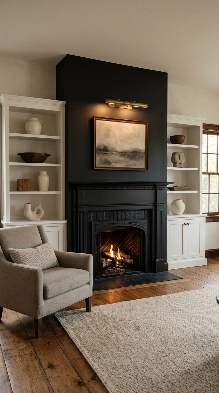 Black and white fireplace with a black surround flanked by symmetrical white painted built-in bookcases