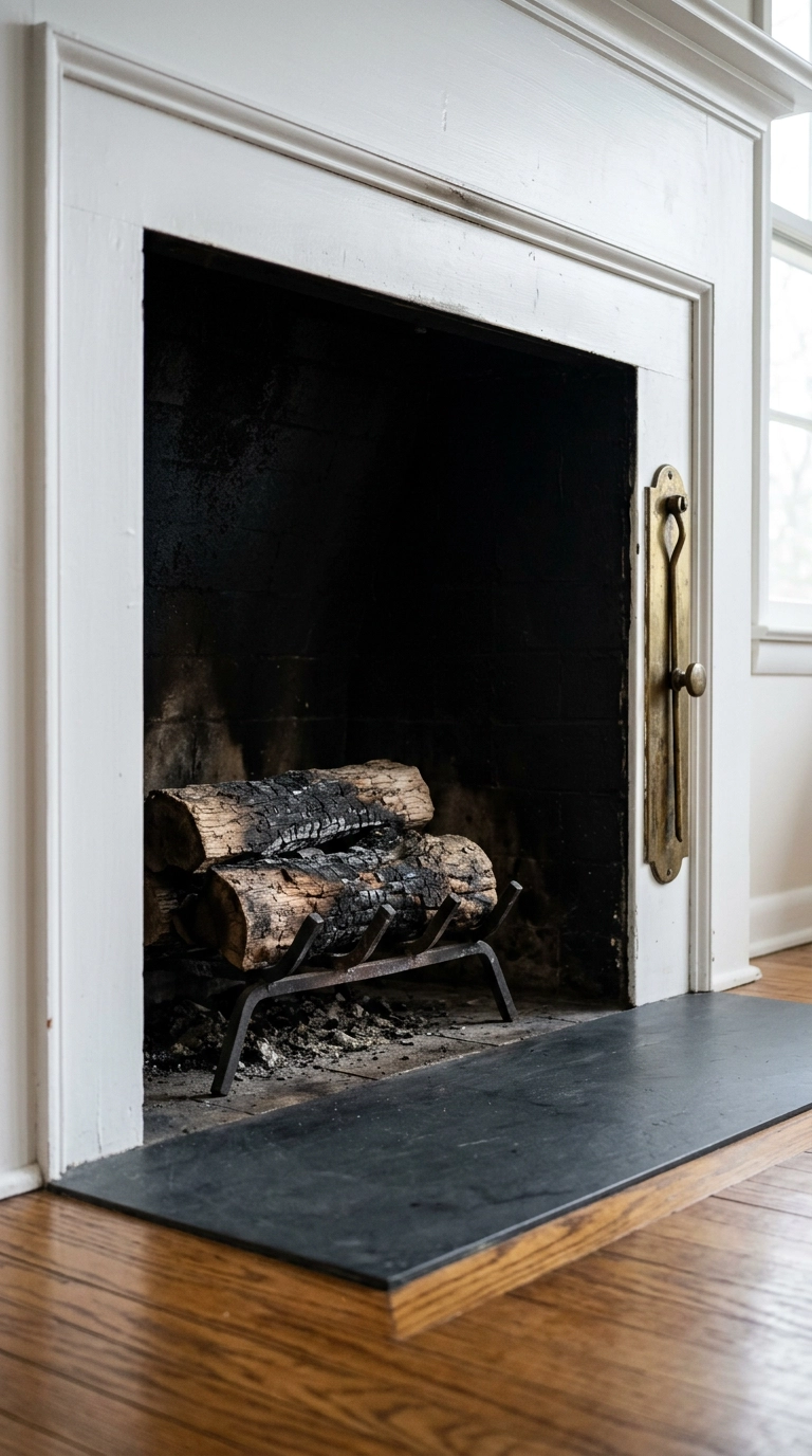 Black and white fireplace with the firebox interior painted matte black against a crisp white surround