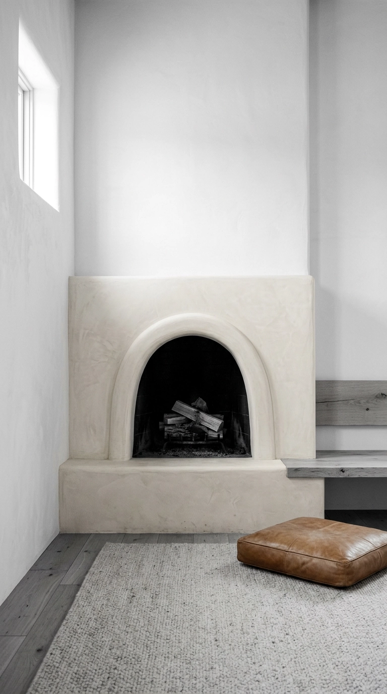 Black and white fireplace with a softly arched plaster opening and a deep black firebox interior